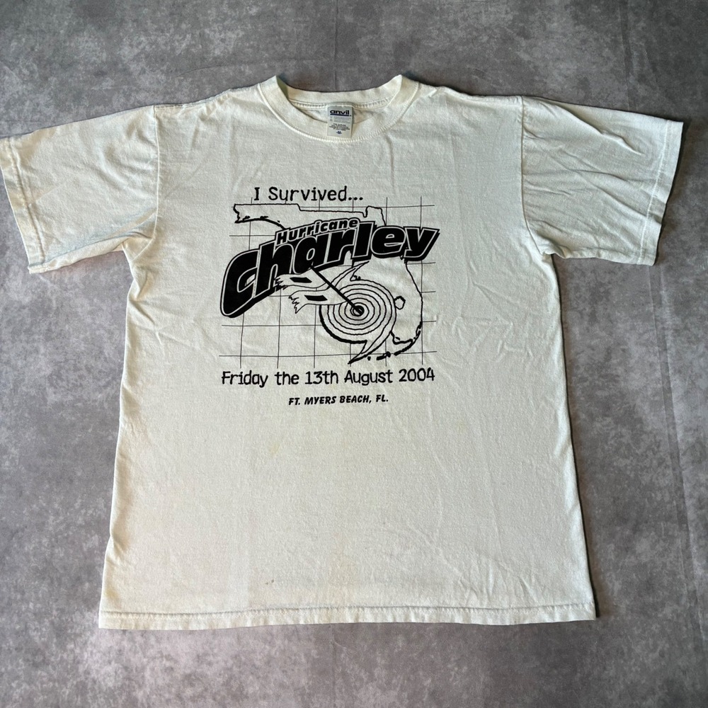 Vintage Anvil Hurricane Charley 2004 T Shirt Ft Myers Beach FL White Mens M